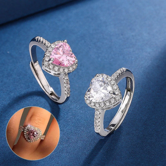 Micro-encrusted zircon diamond heart-shaped ring for women with adjustable opening