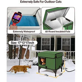 Green foldable cloth cat cage shown in an outdoor setting, available in S, M, and L sizes.