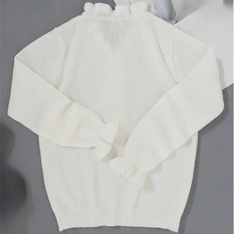 Winter V-neck Ruffled Knitted Sweater for Women in black, white, and pink