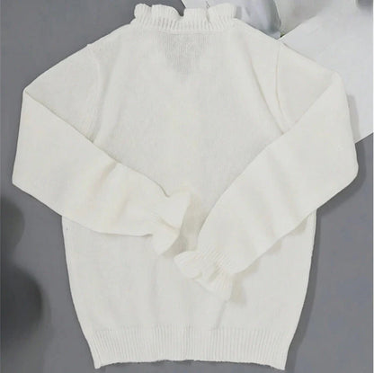 Winter V-neck Ruffled Knitted Sweater for Women in black, white, and pink