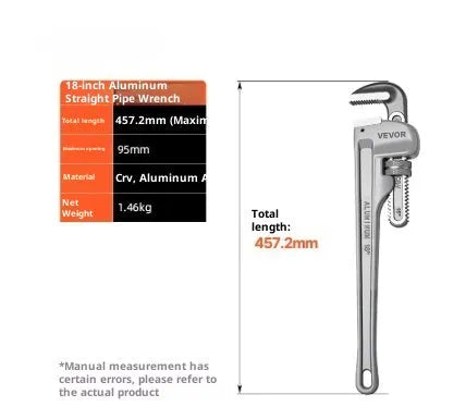 Aluminium heavy straight pipe wrench 18 inch with 95mm jaw opening on grey background