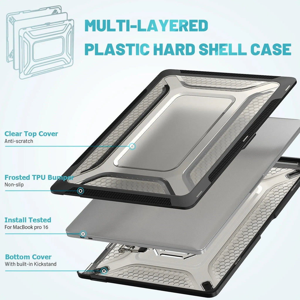 Hard protective shell case for MacBook laptop in cool black, starry grey, apricot, and blue colour options.