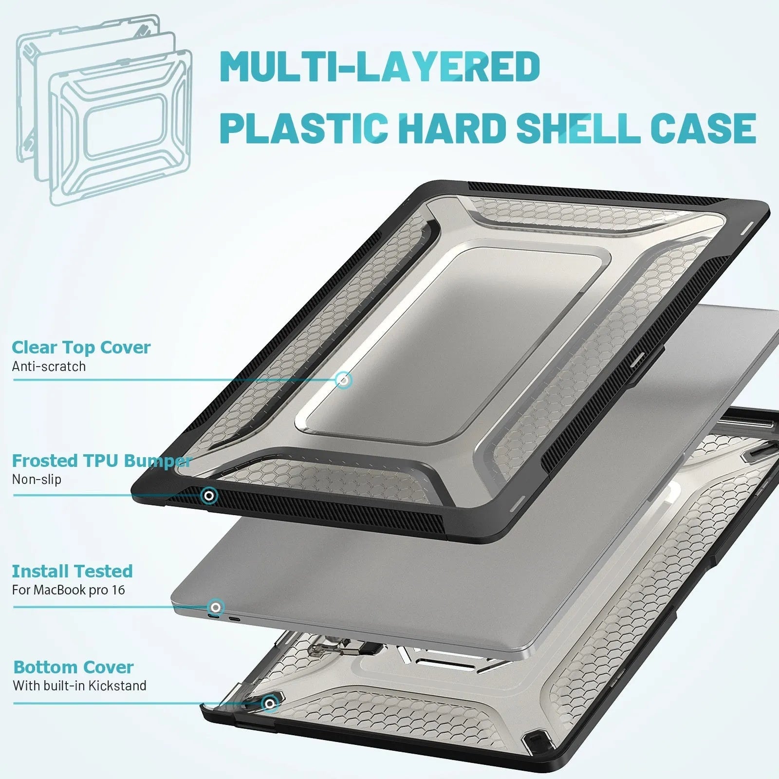 Hard protective shell case for MacBook laptop in cool black, starry grey, apricot, and blue colour options.