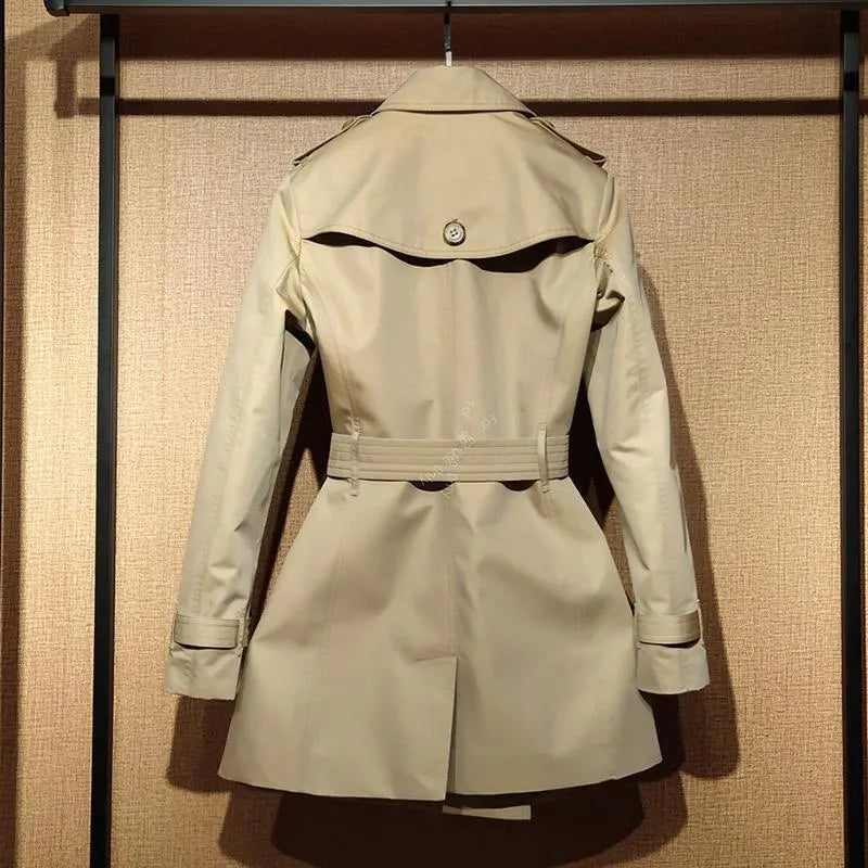 Khaki women's double breasted trench coat with long flight sleeves and button details