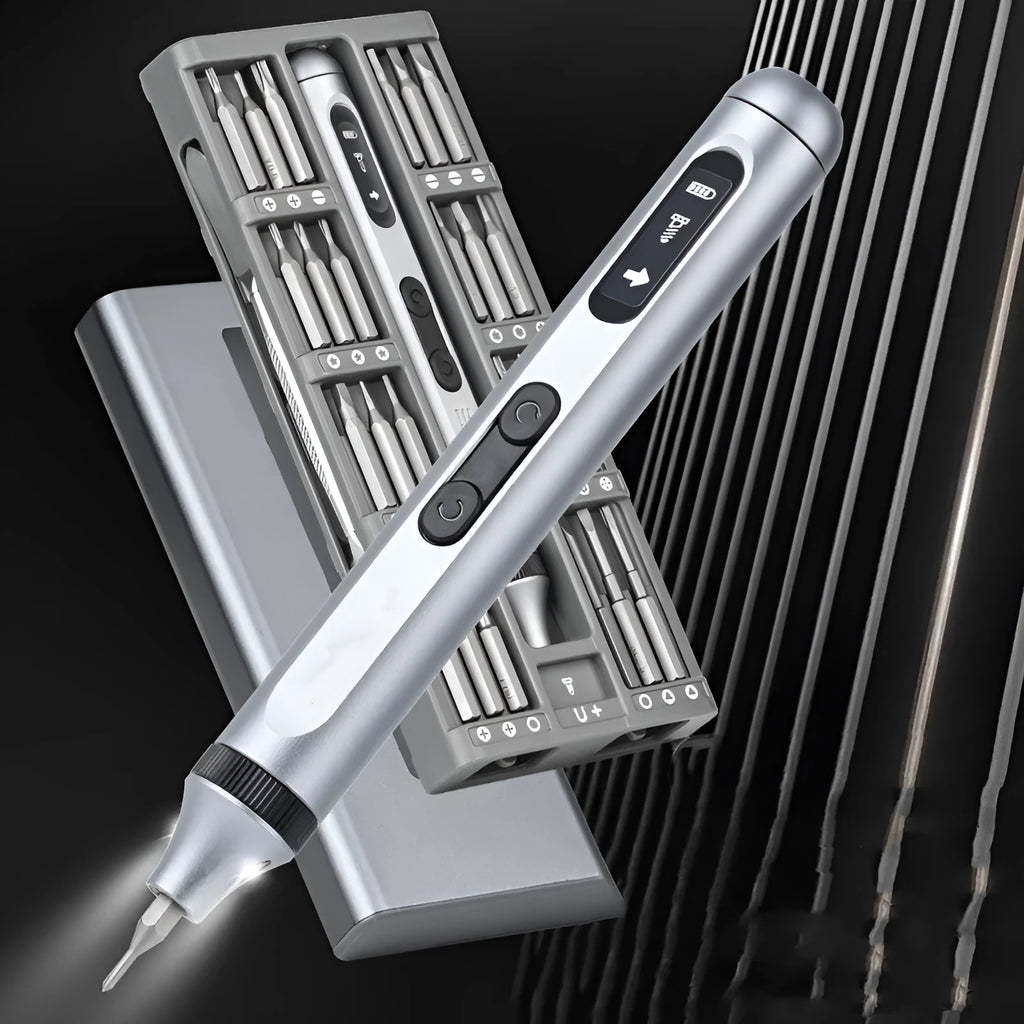 Compact aluminium alloy electric screwdriver showing scale against a ruler, with charging cable.