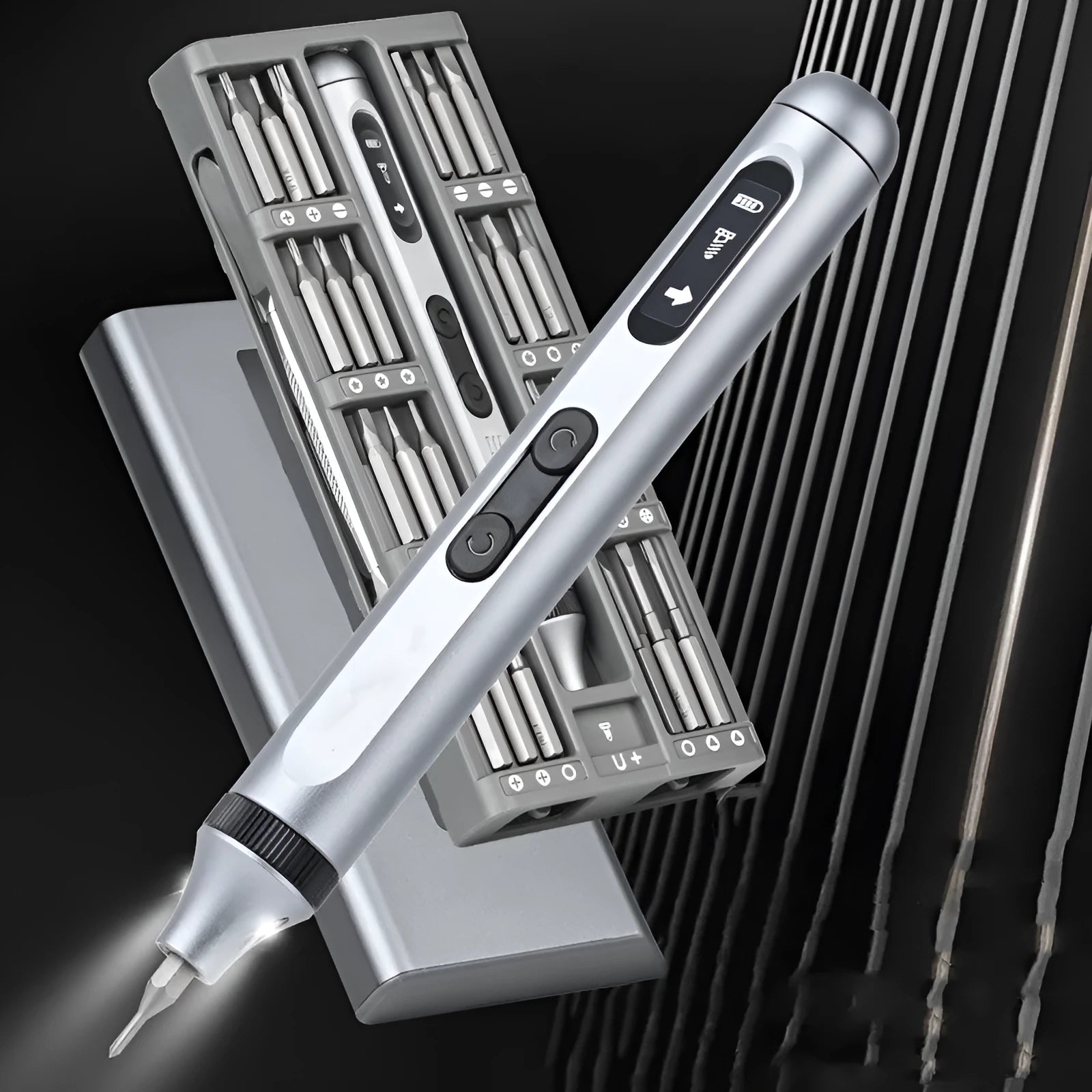 Compact aluminium alloy electric screwdriver showing scale against a ruler, with charging cable.