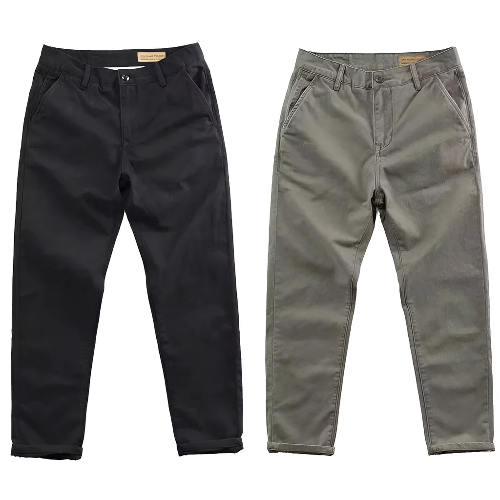 Men's slim-fit casual trousers in black with an elastic waistband and straight-leg cut.