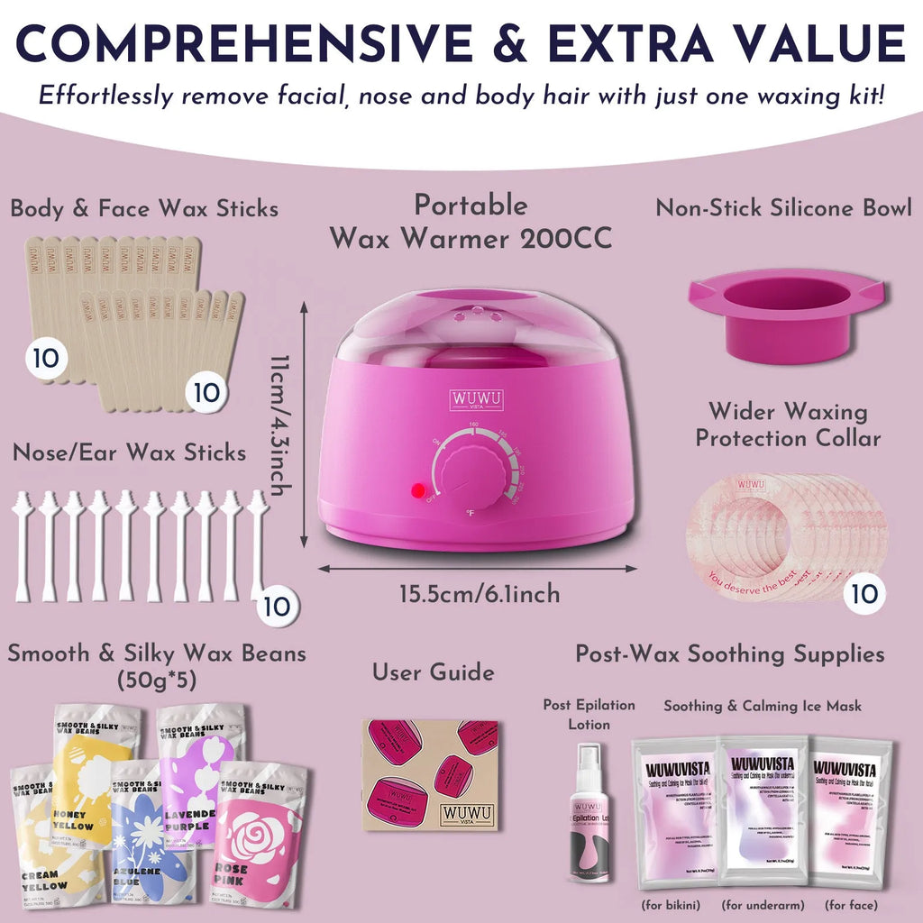 Professional 52-piece waxing kit with wax warmer, five types of hard wax beans, application tools, and post-care lotion.