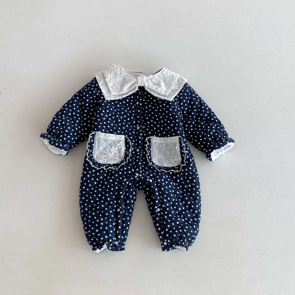 Baby girls winter cotton-padded fleece-lined onesie in dark blue on white background