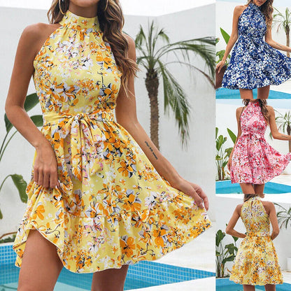 Floral print halter dress with adjustable lace-up back, available in yellow and pink colors