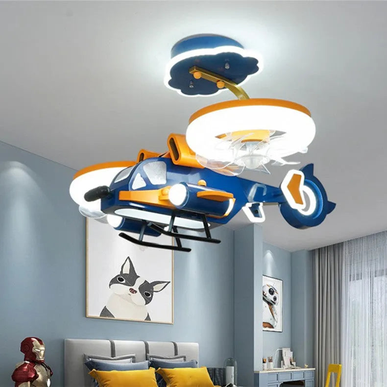 Yellow and blue ceiling fan light with metal blades and acrylic lampshade for bedroom installation