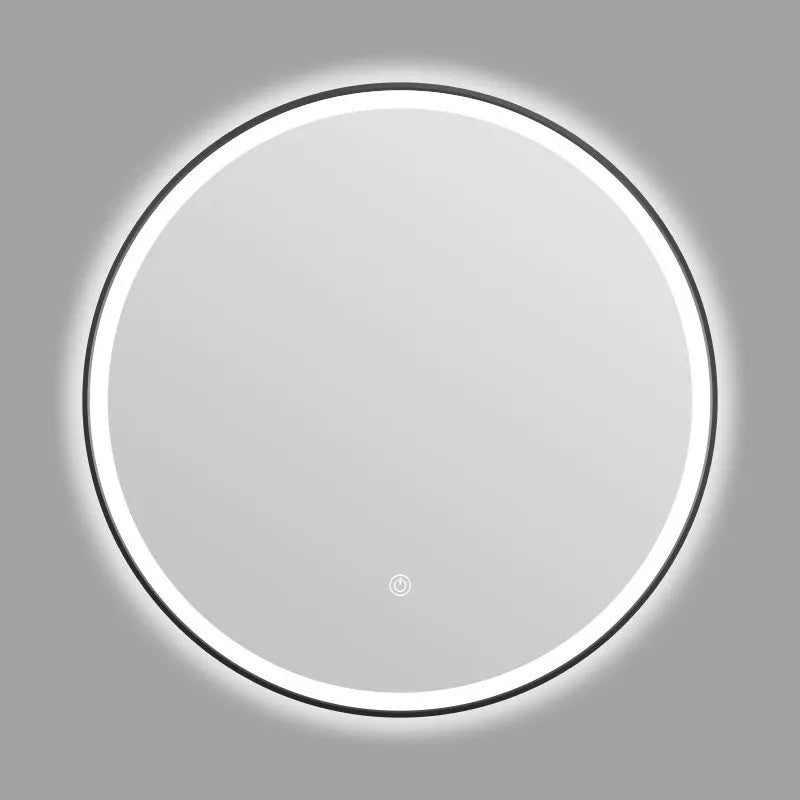 Round smart bathroom mirror with black aluminium frame and LED lighting