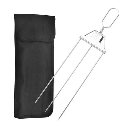 Stainless steel 3-prong BBQ skewer forks for perfect kebabs, non-stick and reusable.