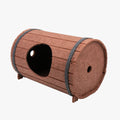 Assembled wine barrel cat bed with three felt panels forming circular pet nest
