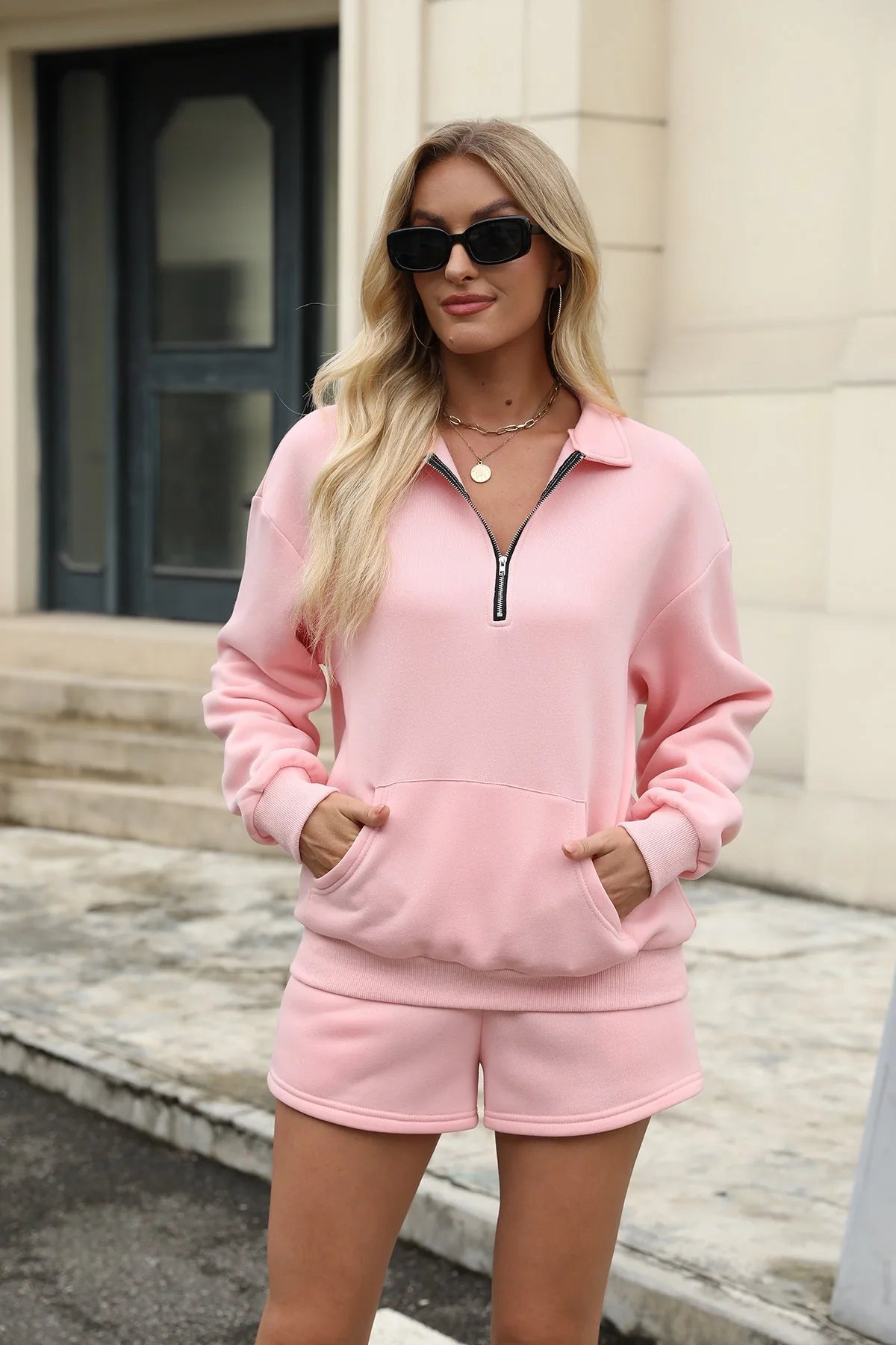Casual sweatshirt suit set for women with lapel zipper top and elastic shorts in various colours