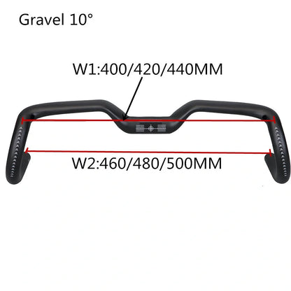 Black carbon fibre bicycle handlebar with bent design showing 125mm vertical rise measurement