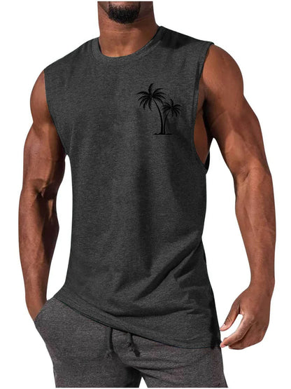 Tropical palm tree embroidered muscle tee in a variety of colors for an active, summer-inspired look