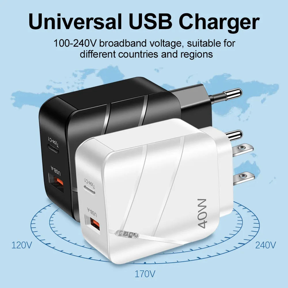 40W PD QC30 fast charger white EU plug with USB port
