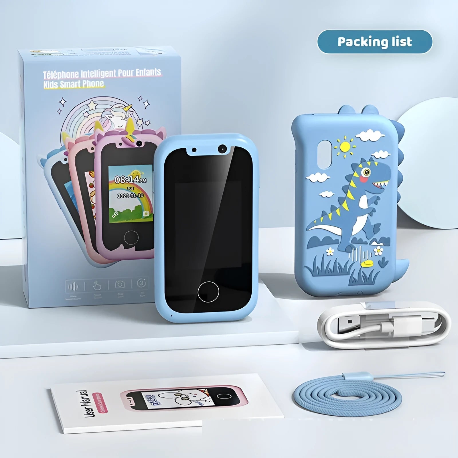 Blue educational touchscreen toy phone for children with camera, video, and game functions