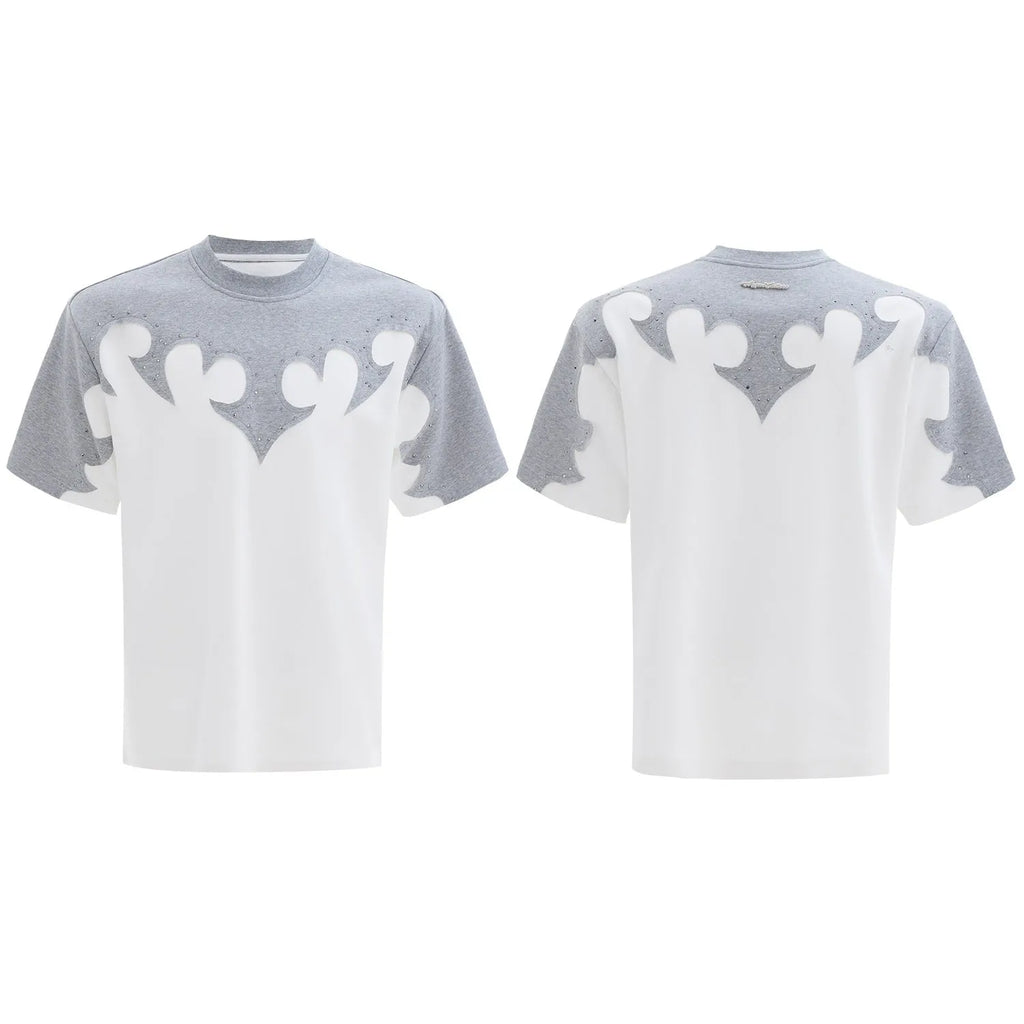 Men's grey cotton short sleeve shirt with burnt flower embroidery and 3D stitching detail.