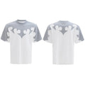 Men's grey cotton short sleeve shirt with burnt flower embroidery and 3D stitching detail.