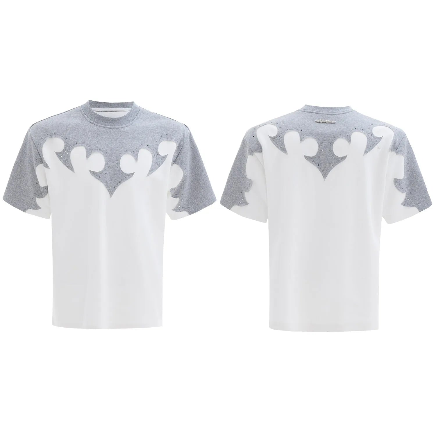 Men's grey cotton short sleeve shirt with burnt flower embroidery and 3D stitching detail.