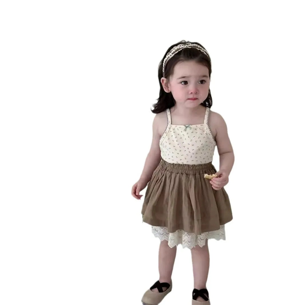 Summer baby cotton skirt suit set in Korean style with floral camisole and brown skirt, available in sizes 73-100cm height