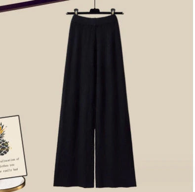 Women's 3-piece knitted sweater suit in grey with white shirt and wide-leg pants for autumn and winter wear