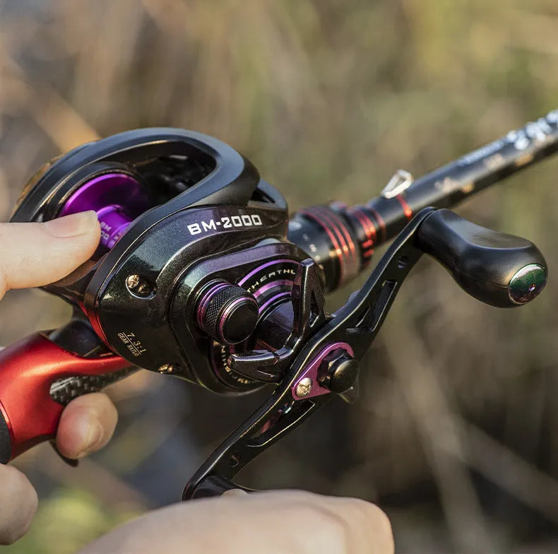 BM2000 fishing reel with magnetic brake system shown in water drop shaped body design