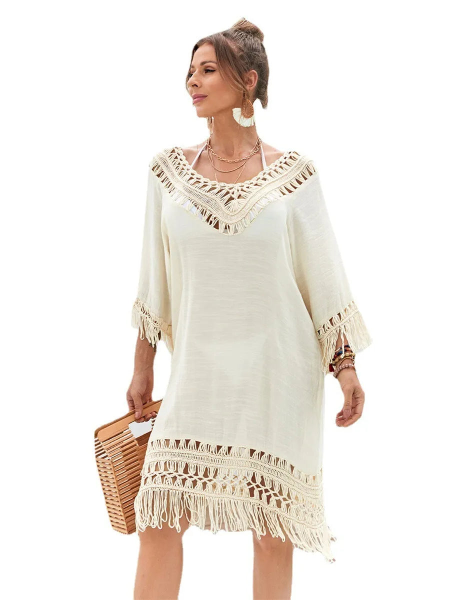 Apricot hand-crocheted beach dress with polyester lining for women