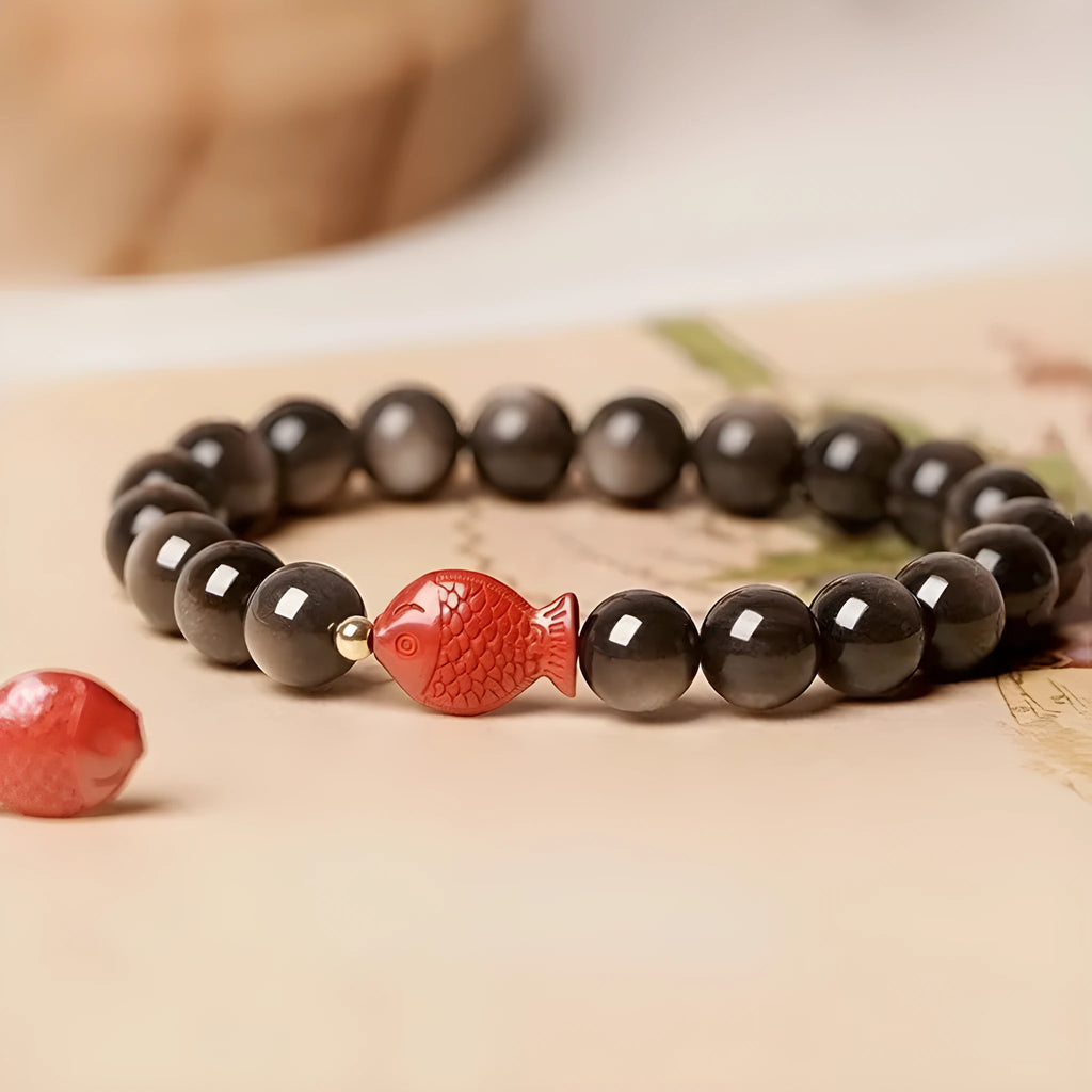 Natural obsidian bracelet with cinnabar fungus pattern on round beads in three size options