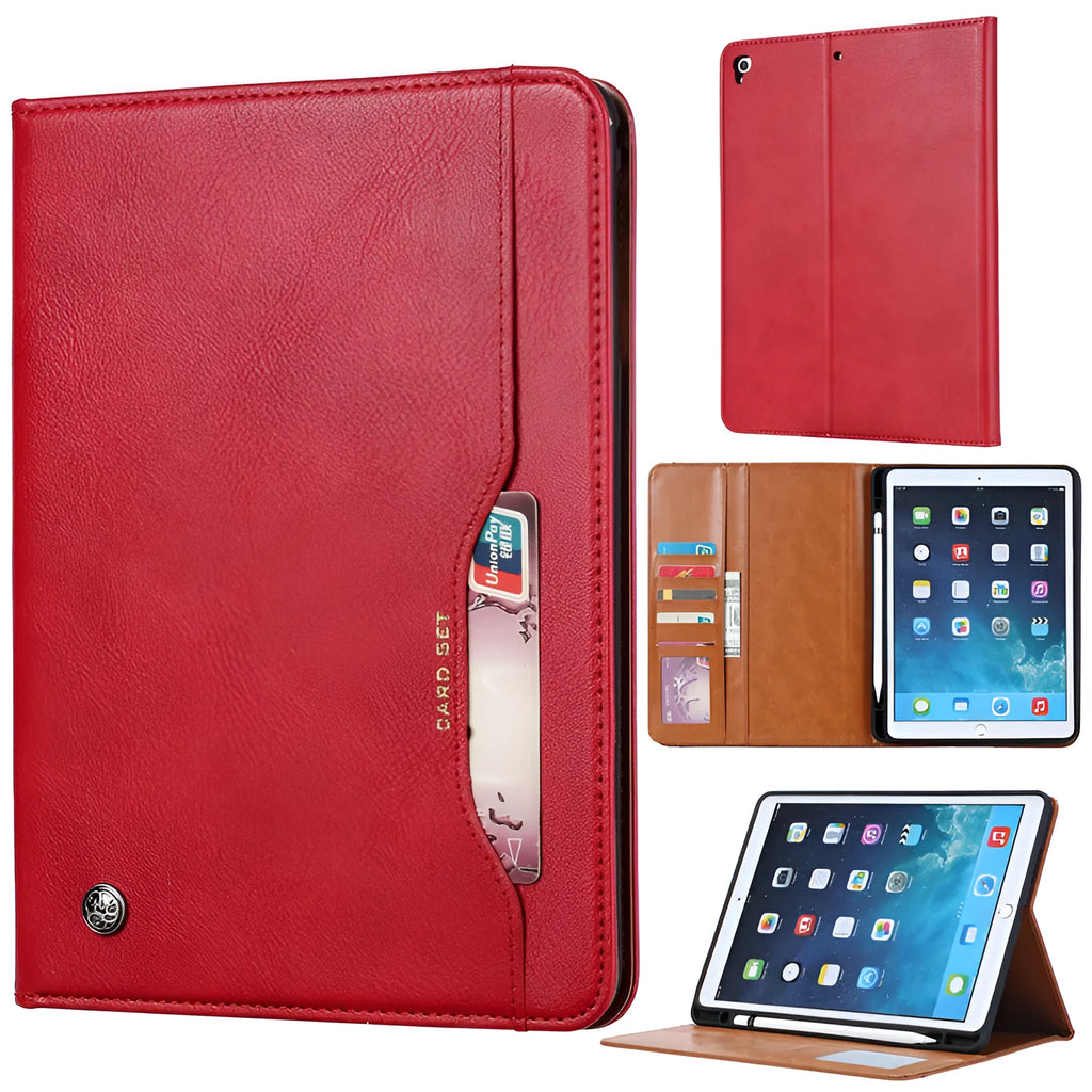 Classic kneading leather flip protective cover for Apple iPad in black, dark brown, and red colours.