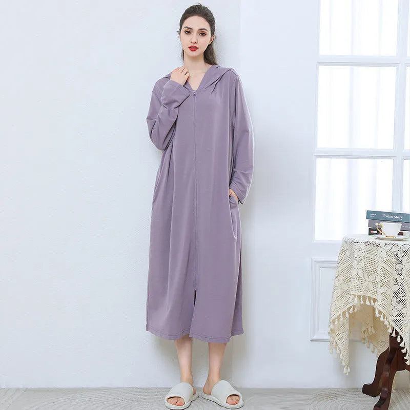 Hooded zipper bathrobe set for couples in thin polyester, available in multiple colours
