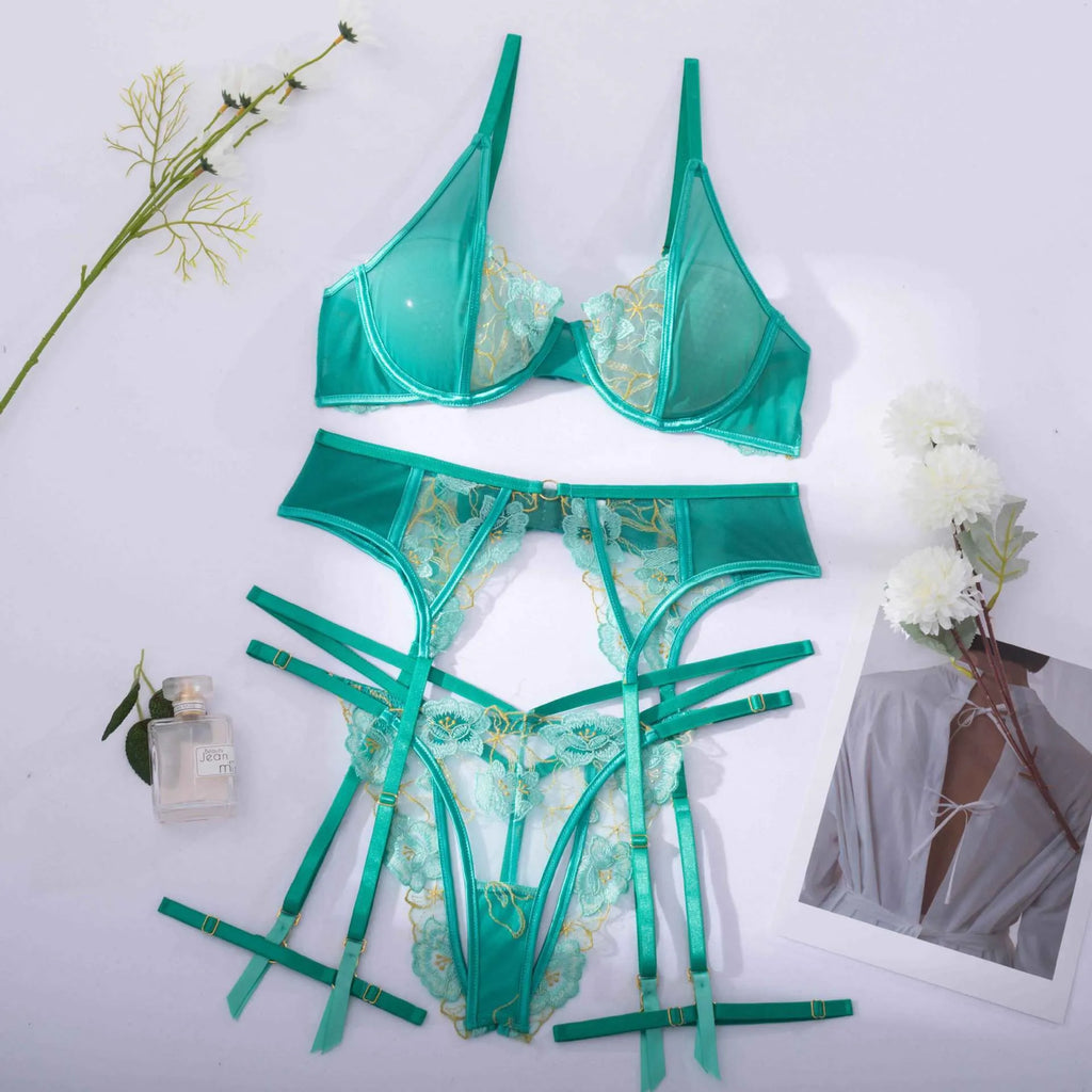 Light green women's embroidery bra set with three-point tights design showing SML size options