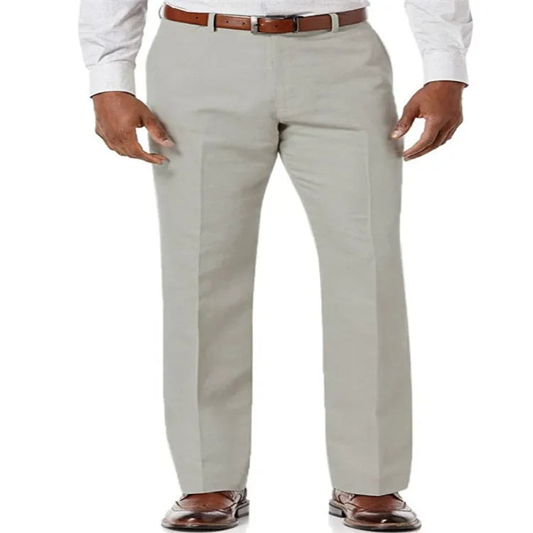 Men's beige white linen blend casual trousers with slanted front pockets on a solid colour background.