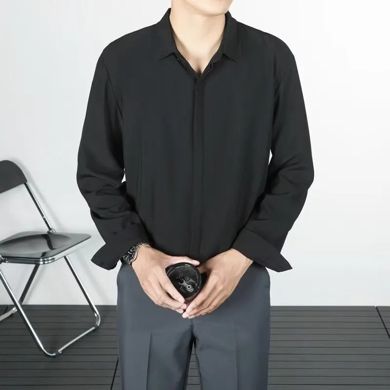 Men's loose-fit linen long-sleeved shirt in solid colour with wrinkle-free finish, sizes S to 4XL
