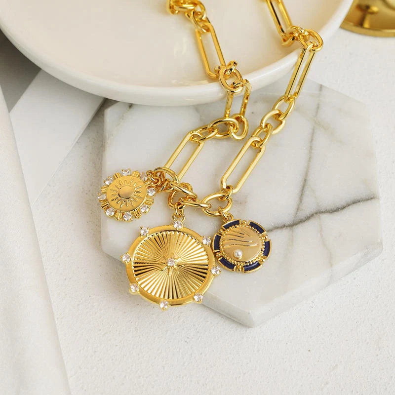 Gold sun pendant necklace with stainless steel chain, adjustable length 41cm to 50cm