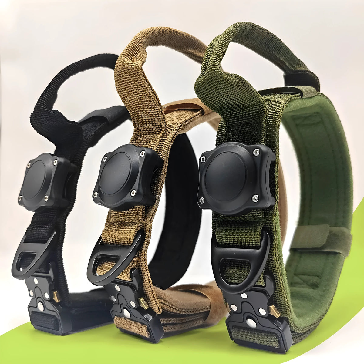 Tactical waterproof dog collar in denim style with a metal locating ring, shown in army green colour.