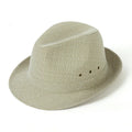 A thickened suit material fedora hat for men on a stand, shown in a dark colour.