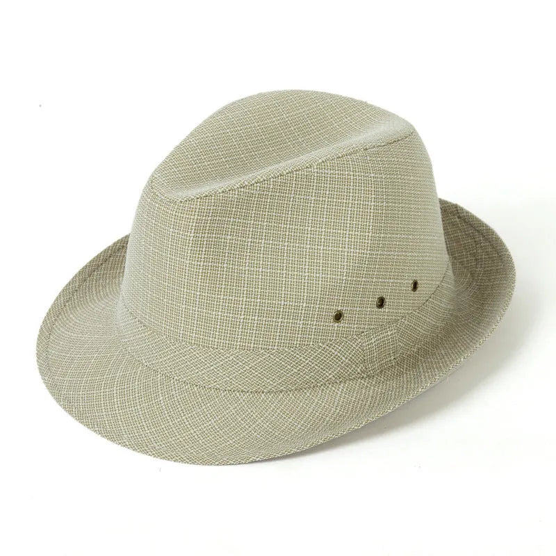 A thickened suit material fedora hat for men on a stand, shown in a dark colour.