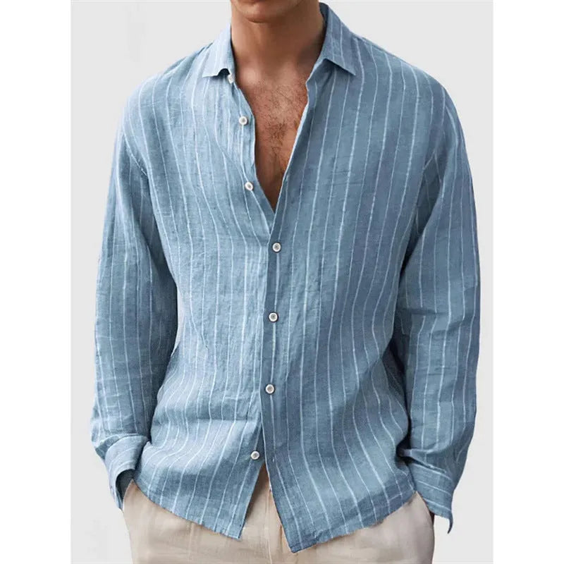 Men's loose fit striped cardigan style shirt in polyester for leisure wear