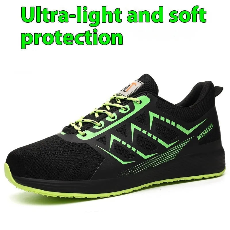 Black ultra-light safety work shoes with a steel toe cap and lace-up front.