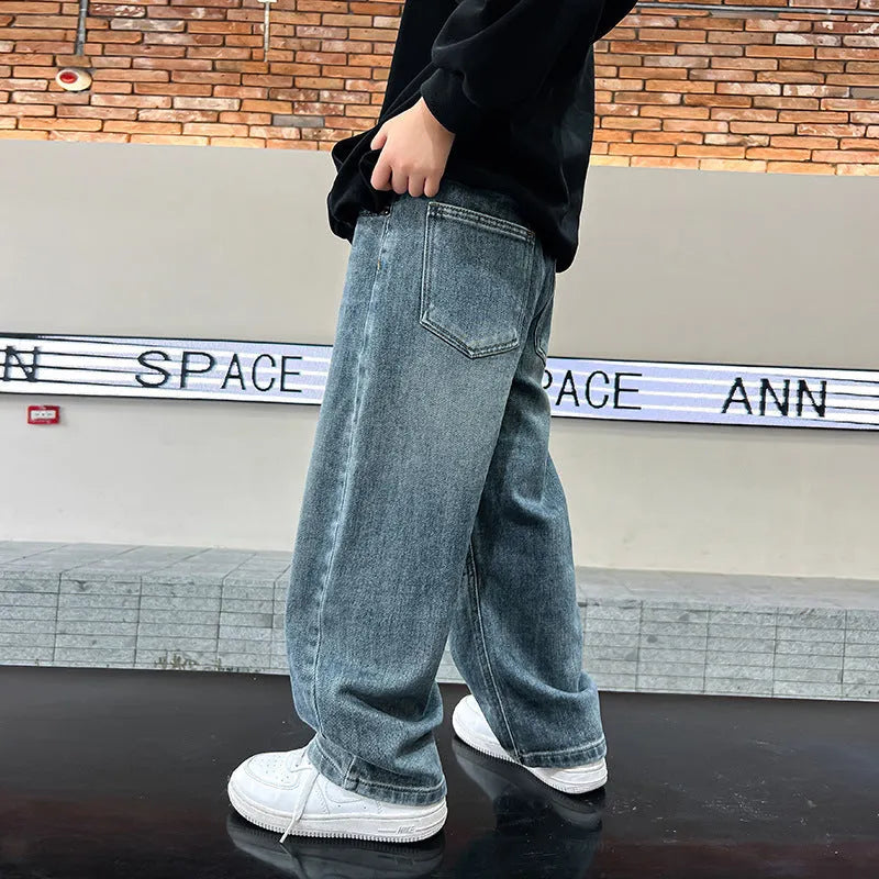 Men's straight loose fit blue denim jeans with cotton fabric, suitable for heights 120-170cm