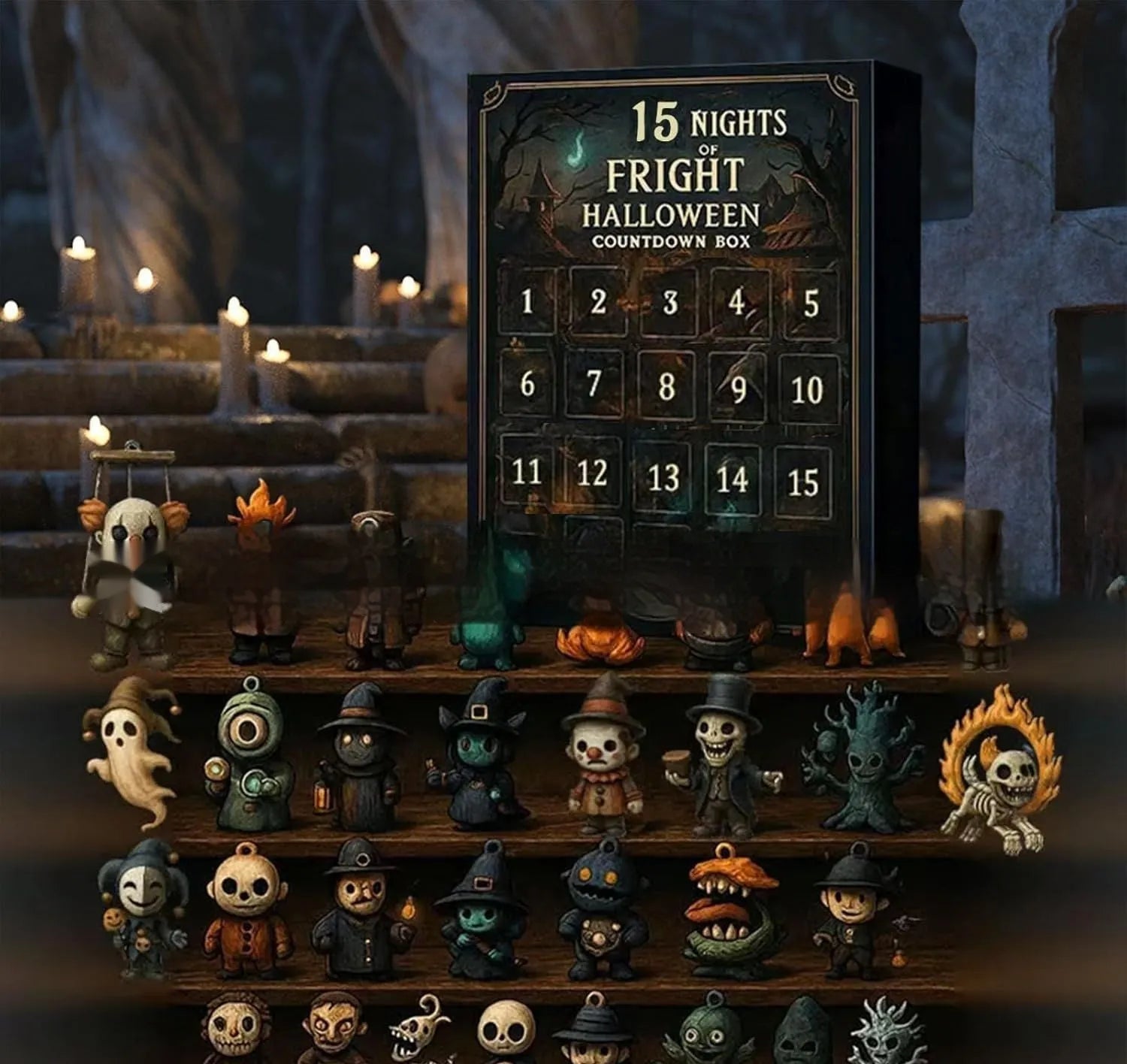 Halloween countdown advent calendar box with horror-themed resin doll blind boxes inside.