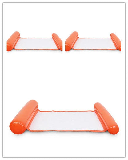 Inflatable water lounge chair in blue, floating in pool with hammock design visible