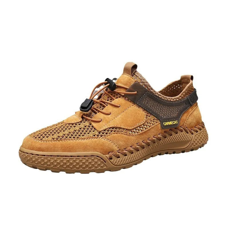 Men's brown suede casual tennis shoes with elastic band and hand-stitched details.