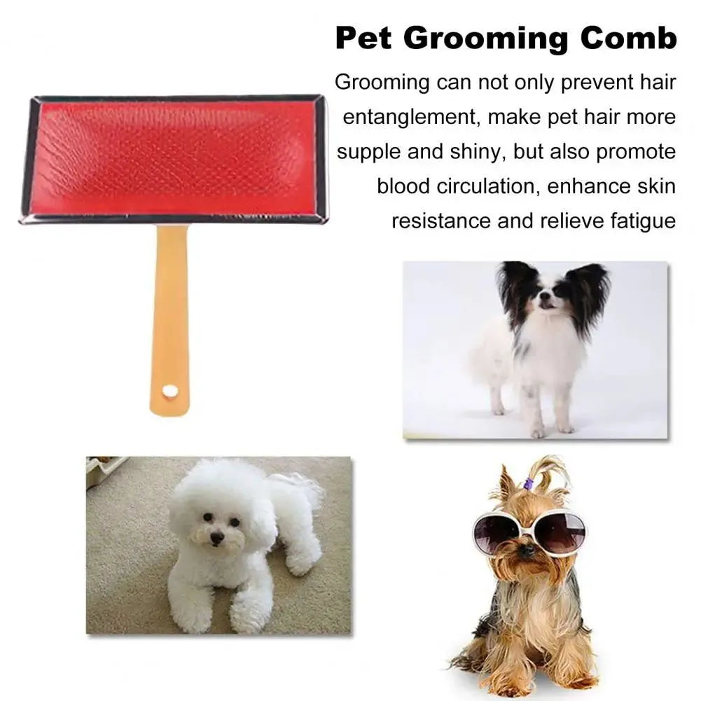 Stainless steel pet grooming comb with wooden handle on a white background for detangling dog and cat fur