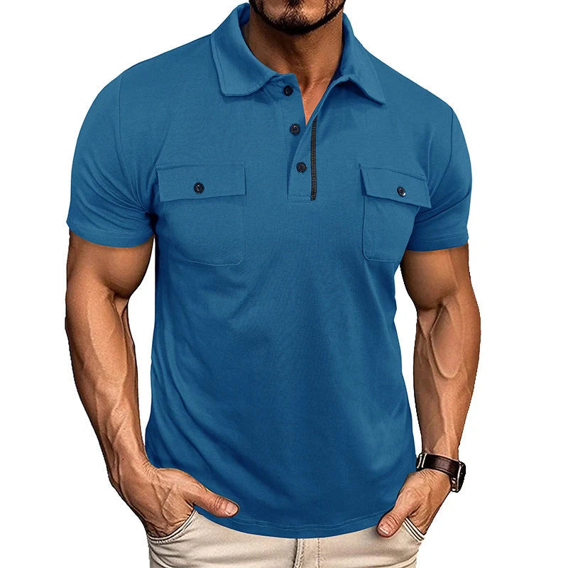 Men's summer lapel button polo shirt with pockets in various colours