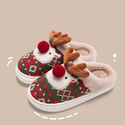 Cozy Christmas elk-themed plush slippers with non-slip soles for comfortable indoor and outdoor wear