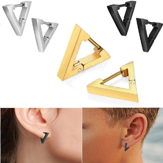 Stainless steel triangular hoop earrings in white, black, and gold